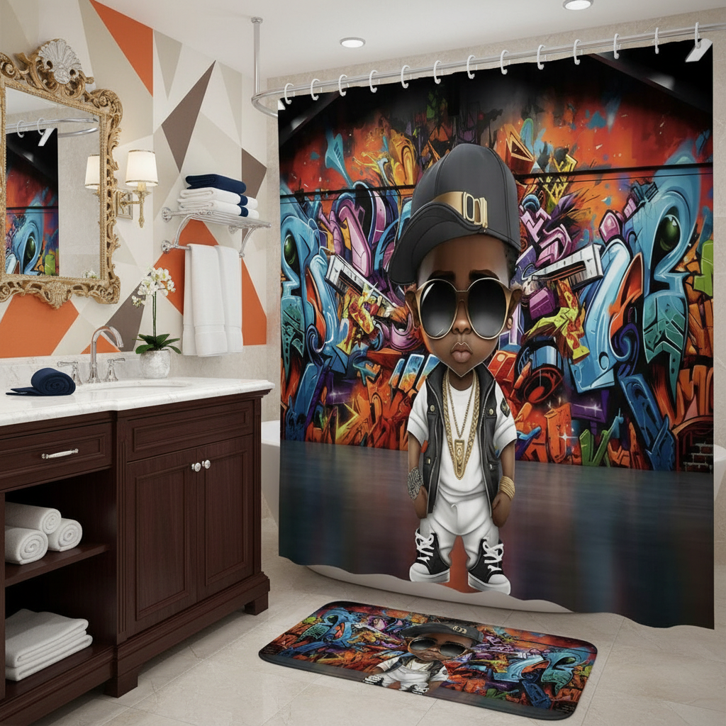 Copycat-Creations Graffiti Hip-Hop Prince 2pcs Shower Curtain Set