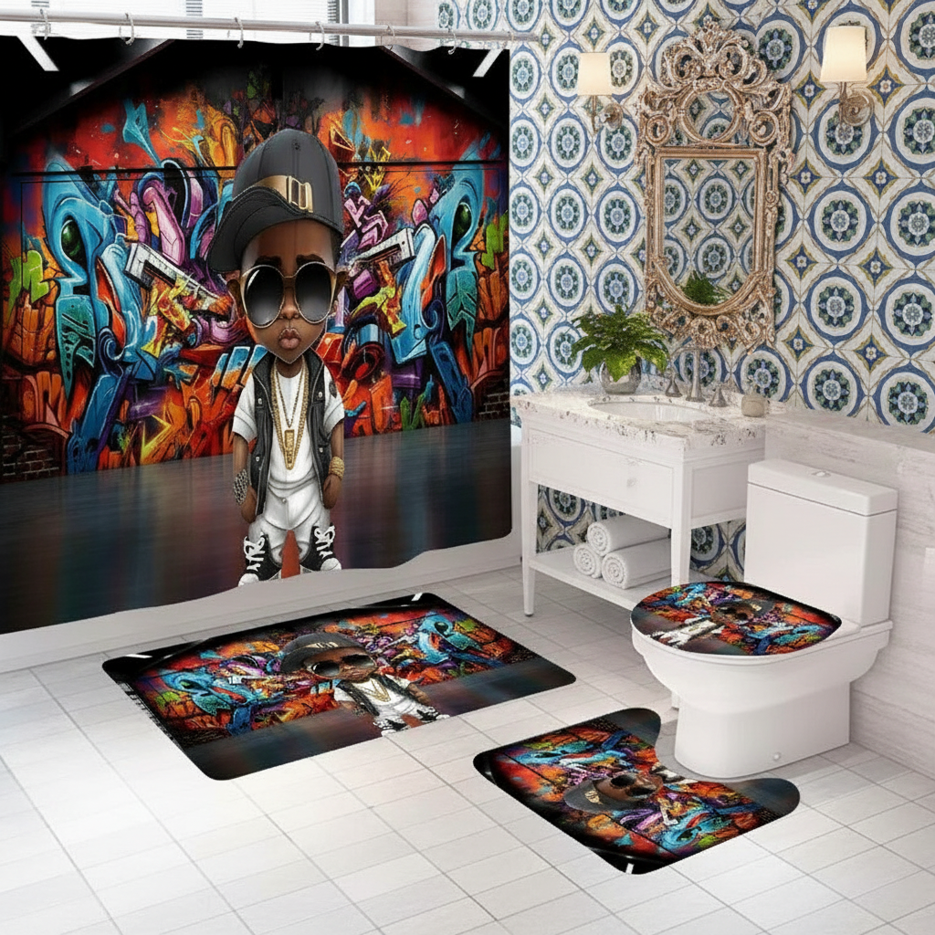 Copycat-Creations Graffiti Hip-Hop Prince 4pcs Shower Curtain Set