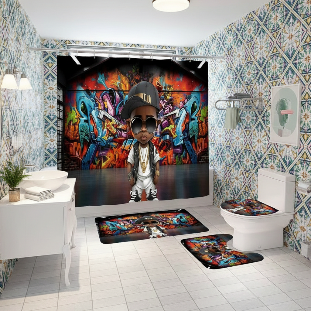 Copycat-Creations Graffiti Hip-Hop Prince 4pcs Shower Curtain Set