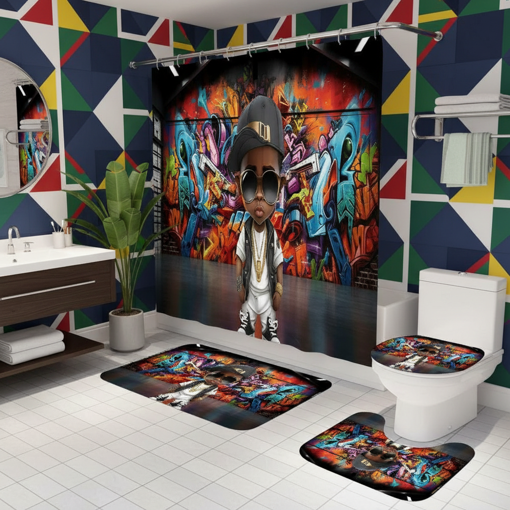 Copycat-Creations Graffiti Hip-Hop Prince 4pcs Shower Curtain Set
