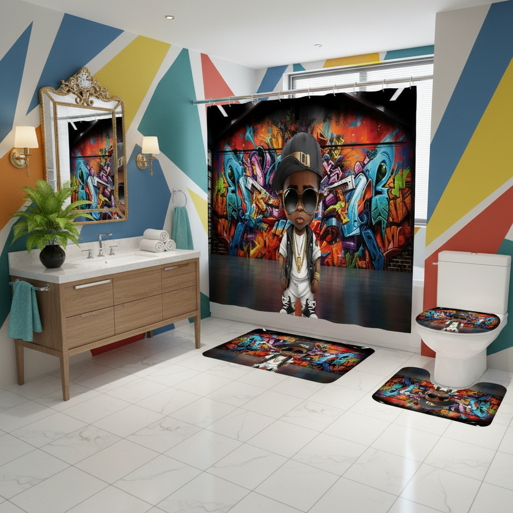 Copycat-Creations Graffiti Hip-Hop Prince 4pcs Shower Curtain Set