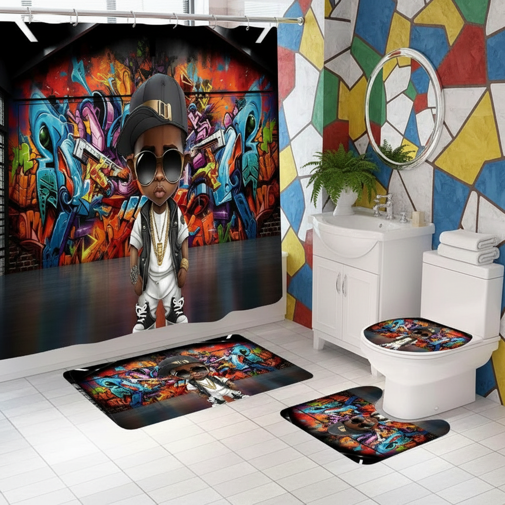 Copycat-Creations Graffiti Hip-Hop Prince 4pcs Shower Curtain Set