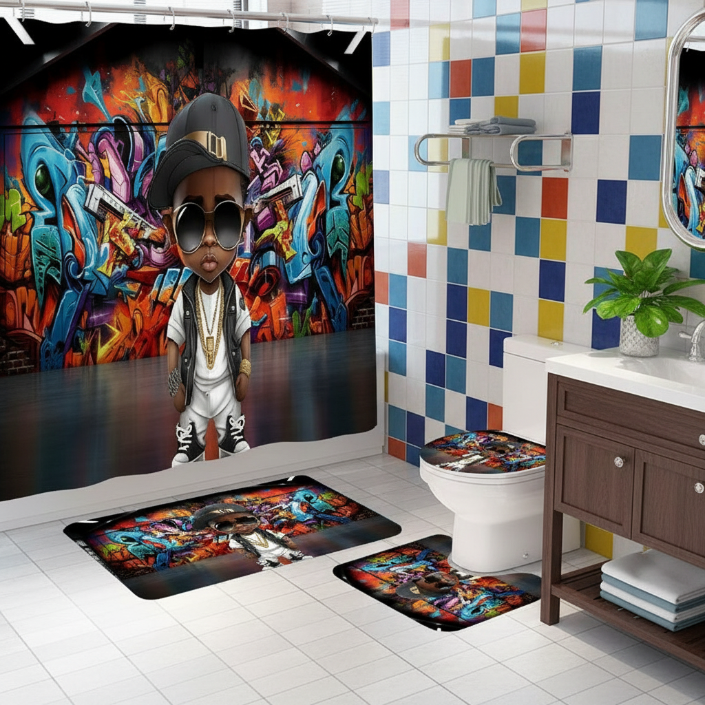 Copycat-Creations Graffiti Hip-Hop Prince 4pcs Shower Curtain Set