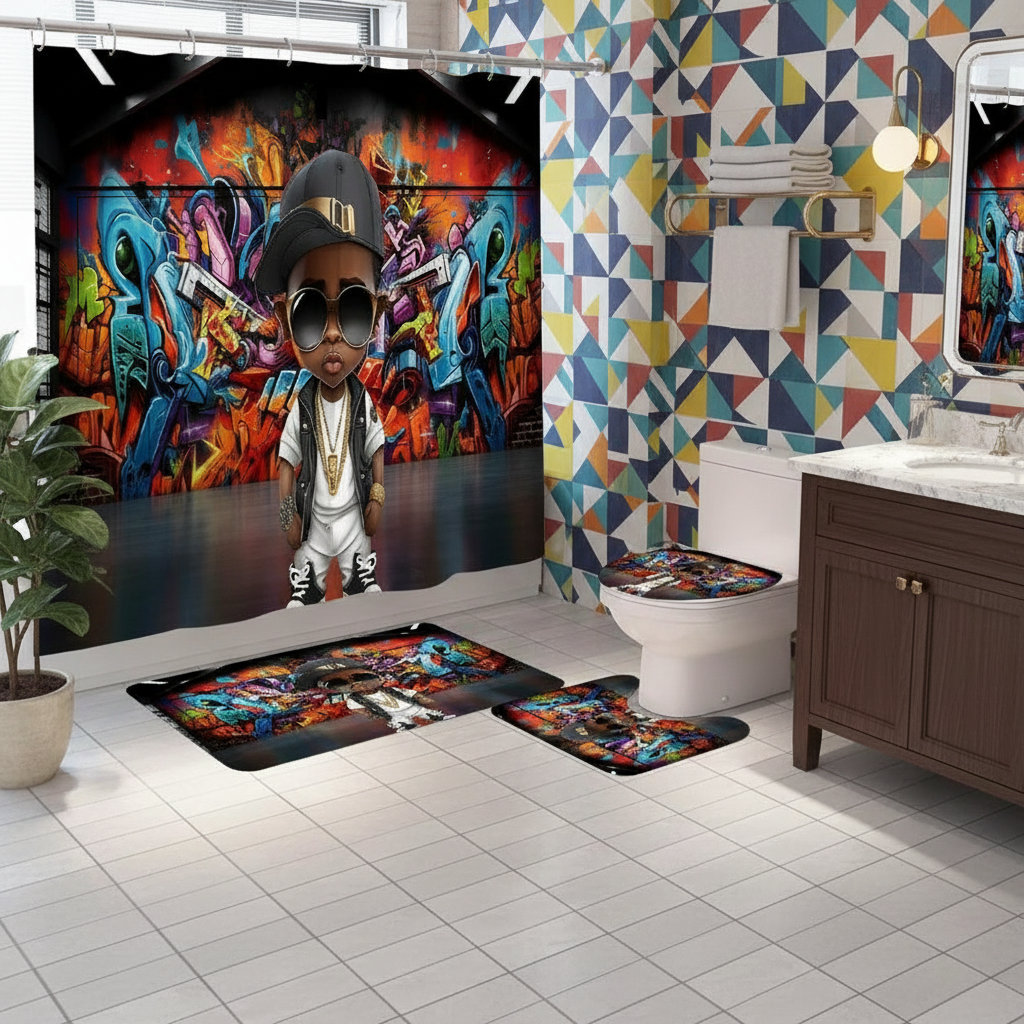 Copycat-Creations Graffiti Hip-Hop Prince 4pcs Shower Curtain Set