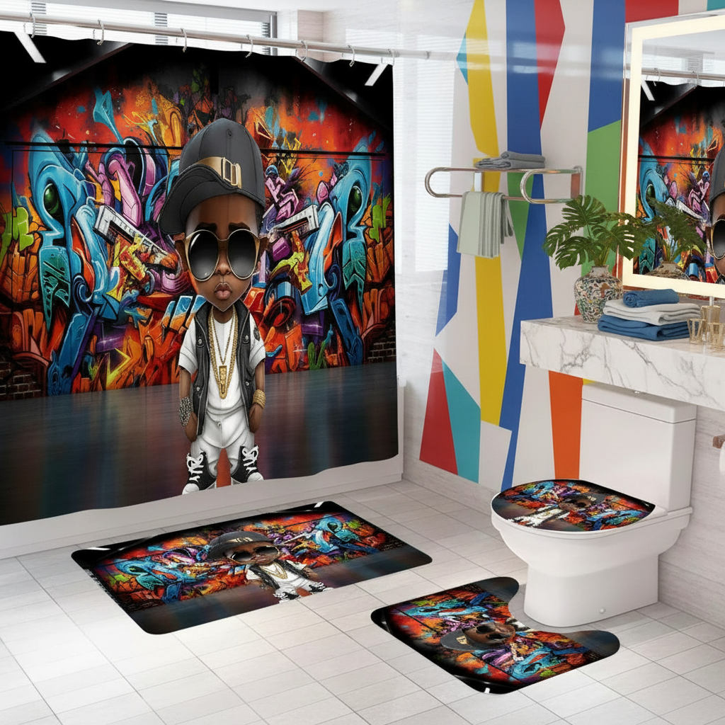 Copycat-Creations Graffiti Hip-Hop Prince 4pcs Shower Curtain Set
