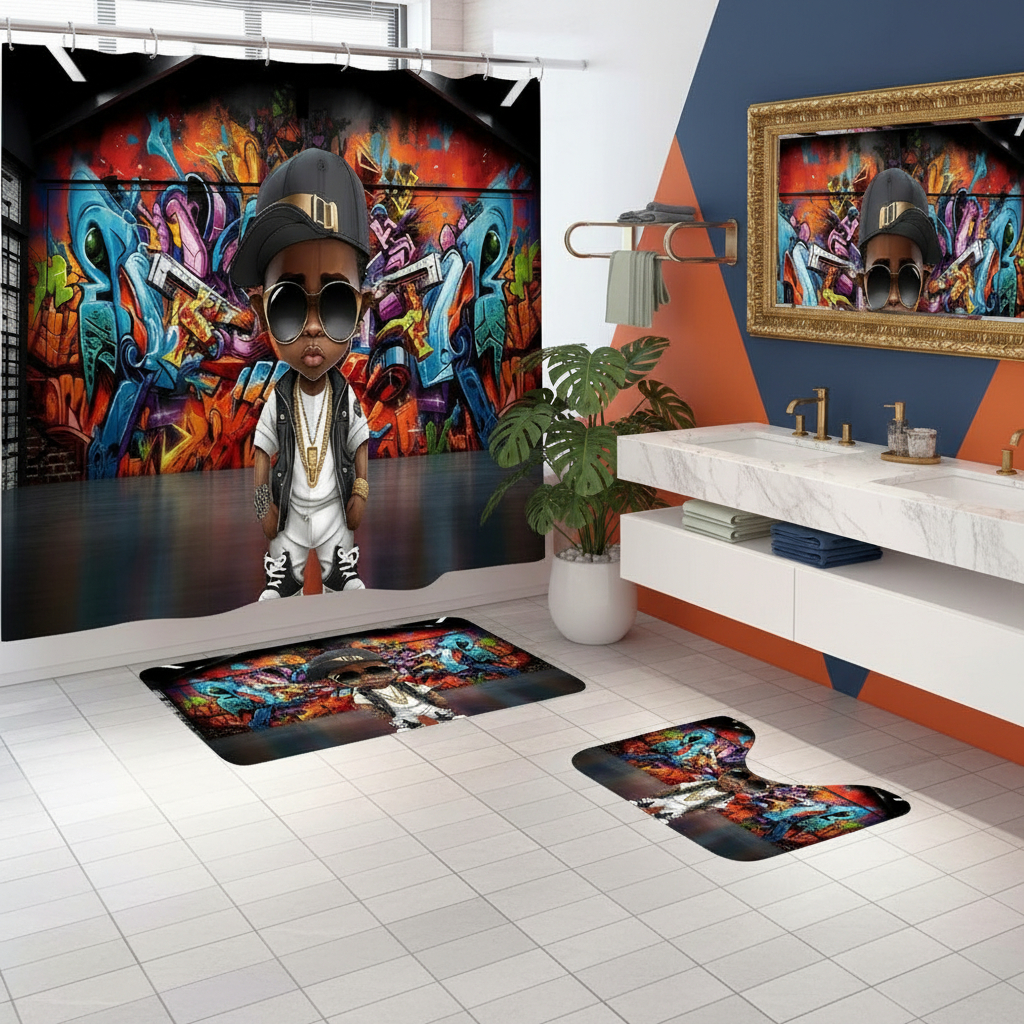 Copycat-Creations Graffiti Hip-Hop Prince 4pcs Shower Curtain Set