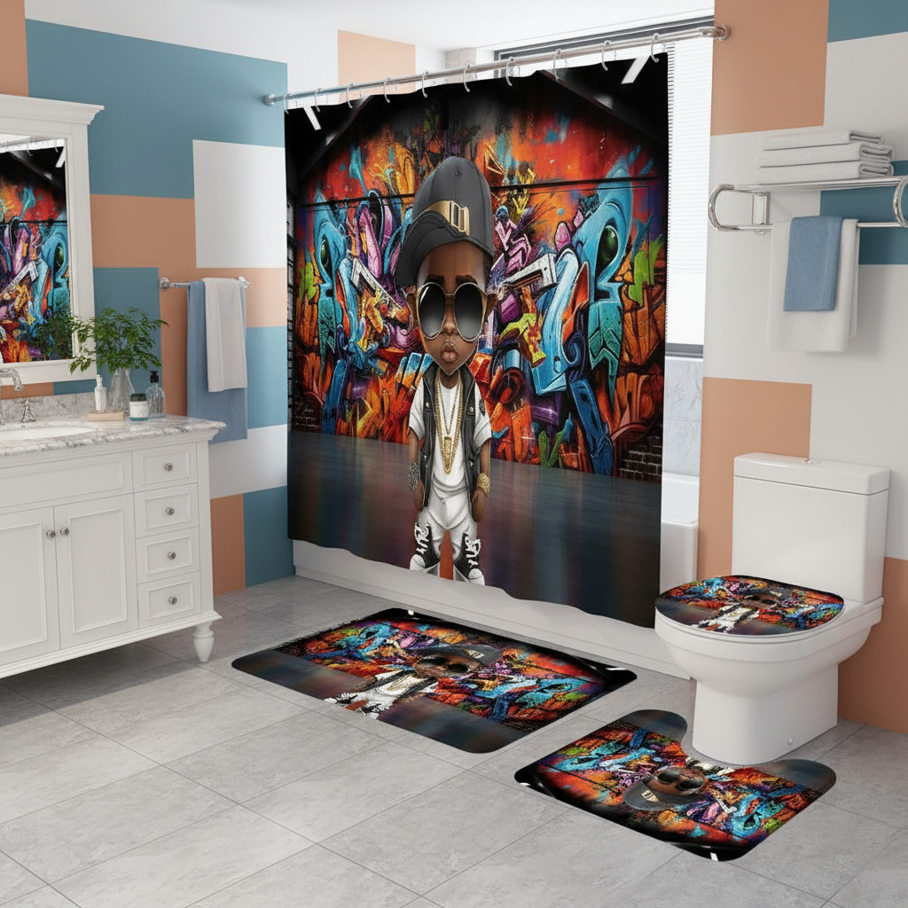 Copycat-Creations Graffiti Hip-Hop Prince 4pcs Shower Curtain Set
