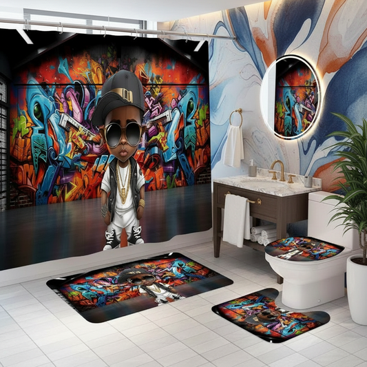 Copycat-Creations Graffiti Hip-Hop Prince 4pcs Shower Curtain Set