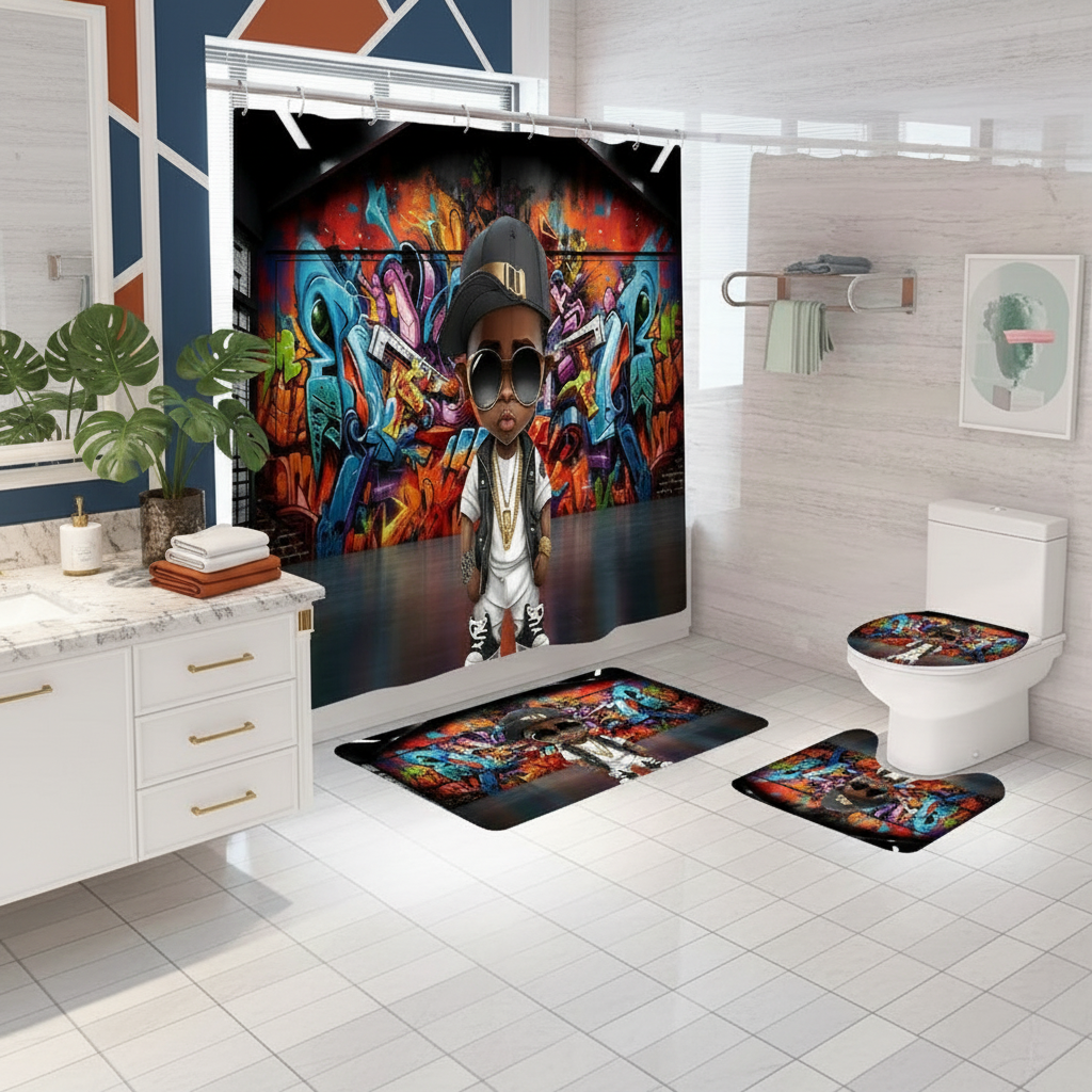Copycat-Creations Graffiti Hip-Hop Prince 4pcs Shower Curtain Set