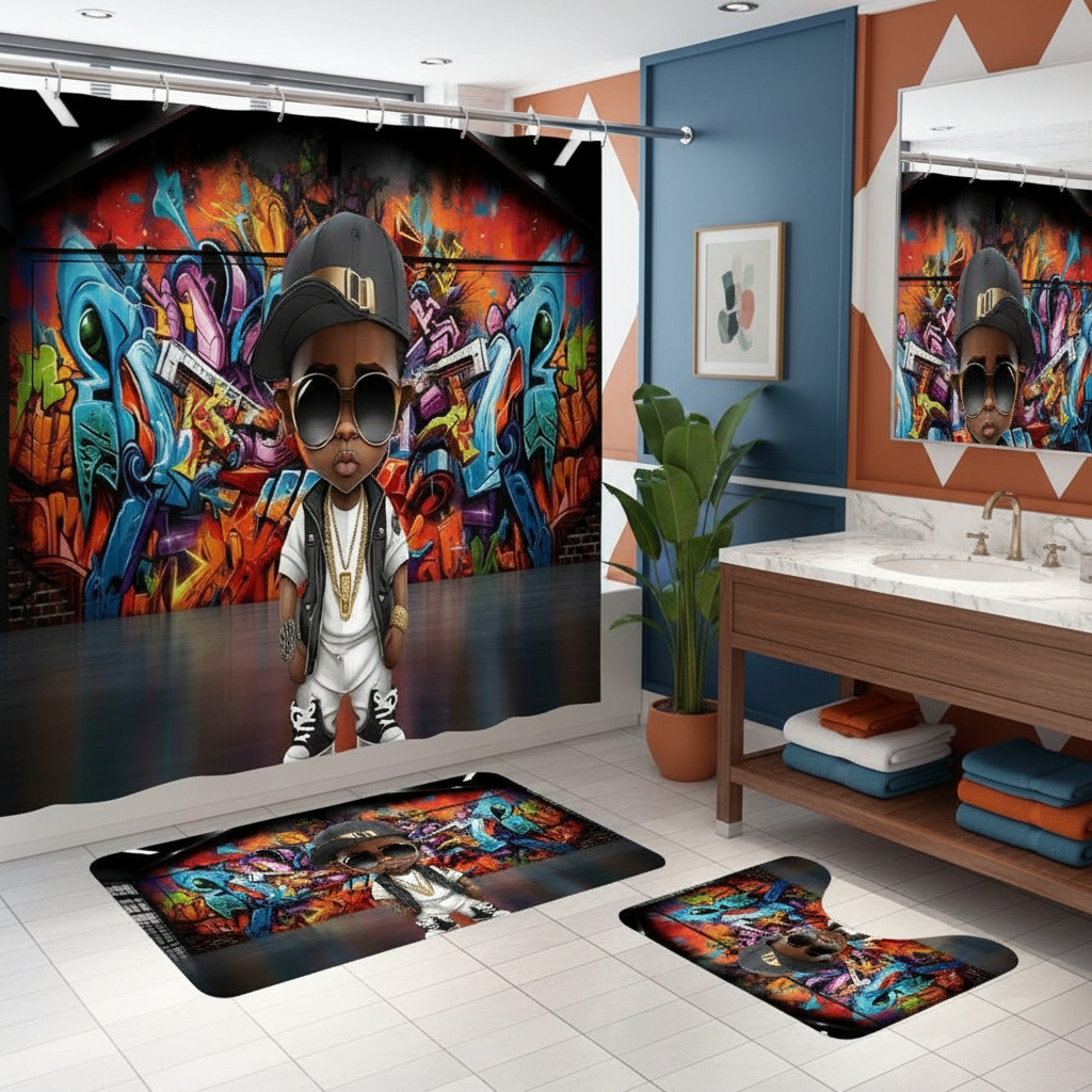 Copycat-Creations Graffiti Hip-Hop Prince 4pcs Shower Curtain Set