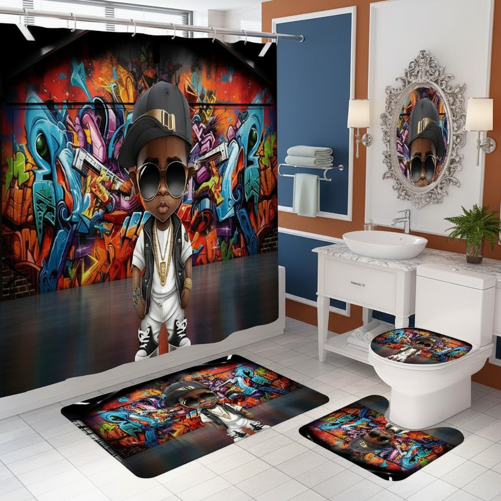 Copycat-Creations Graffiti Hip-Hop Prince 4pcs Shower Curtain Set