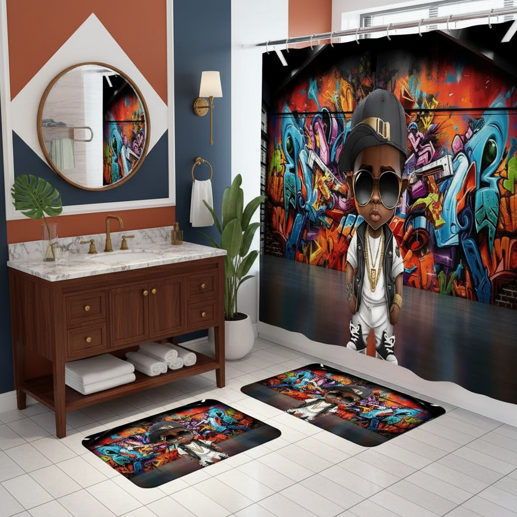 Copycat-Creations Graffiti Hip-Hop Prince 4pcs Shower Curtain Set