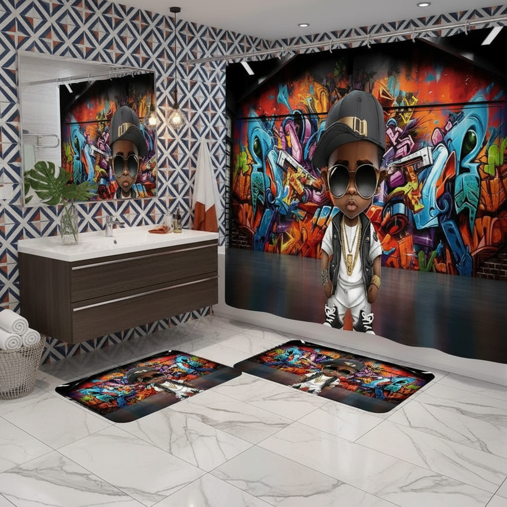 Copycat-Creations Graffiti Hip-Hop Prince 4pcs Shower Curtain Set