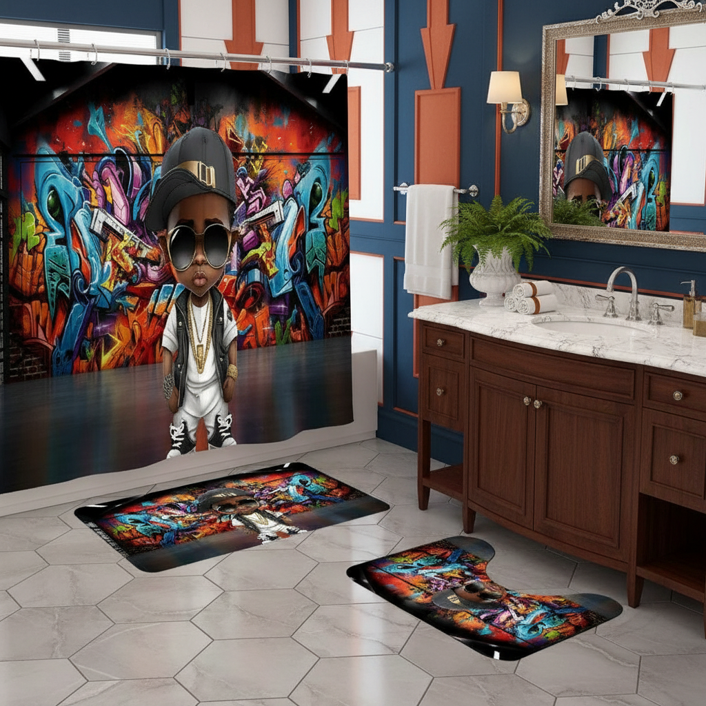 Copycat-Creations Graffiti Hip-Hop Prince 4pcs Shower Curtain Set