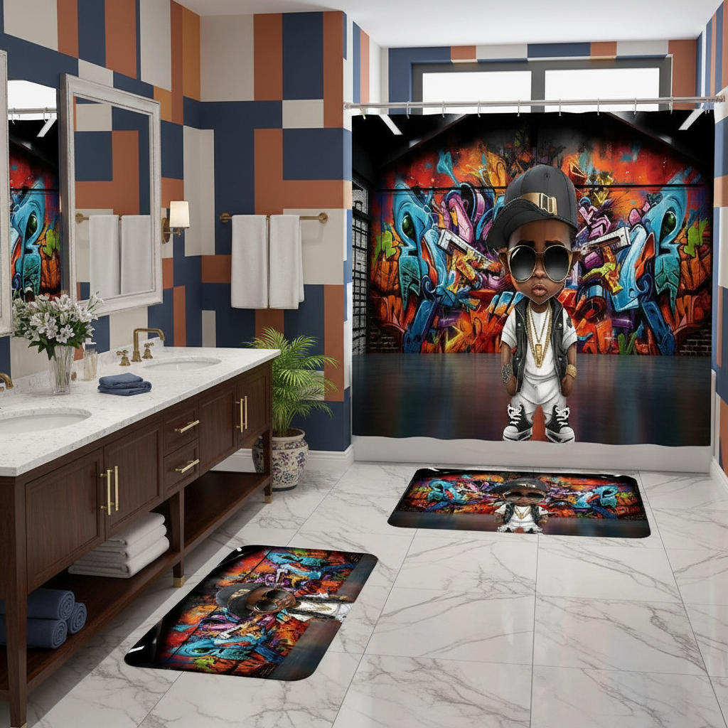 Copycat-Creations Graffiti Hip-Hop Prince 4pcs Shower Curtain Set