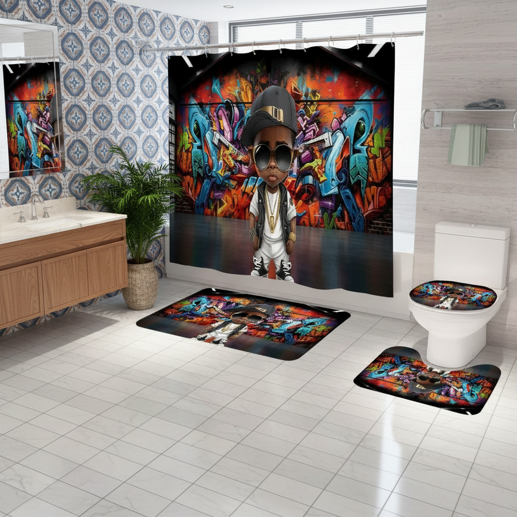 Copycat-Creations Graffiti Hip-Hop Prince 4pcs Shower Curtain Set