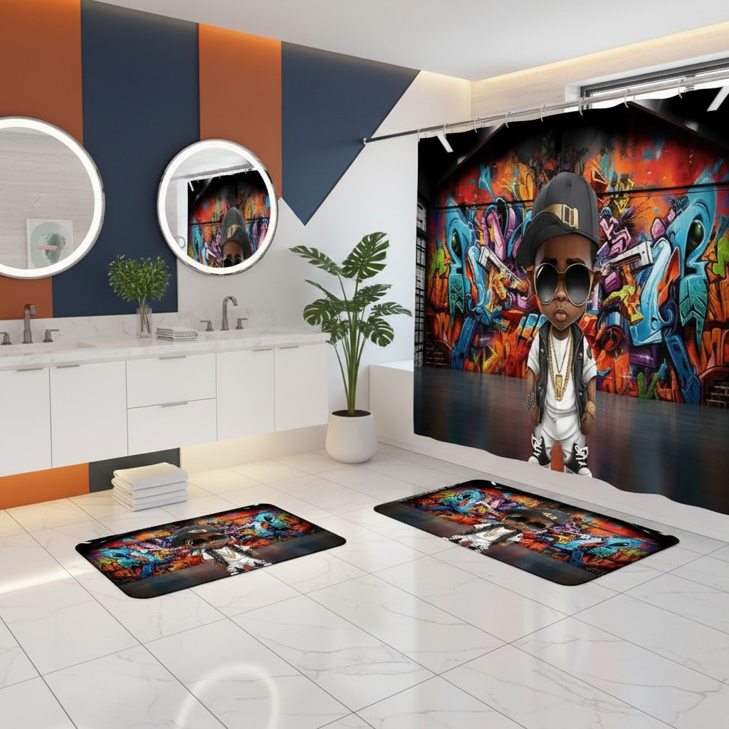 Copycat-Creations Graffiti Hip-Hop Prince 4pcs Shower Curtain Set