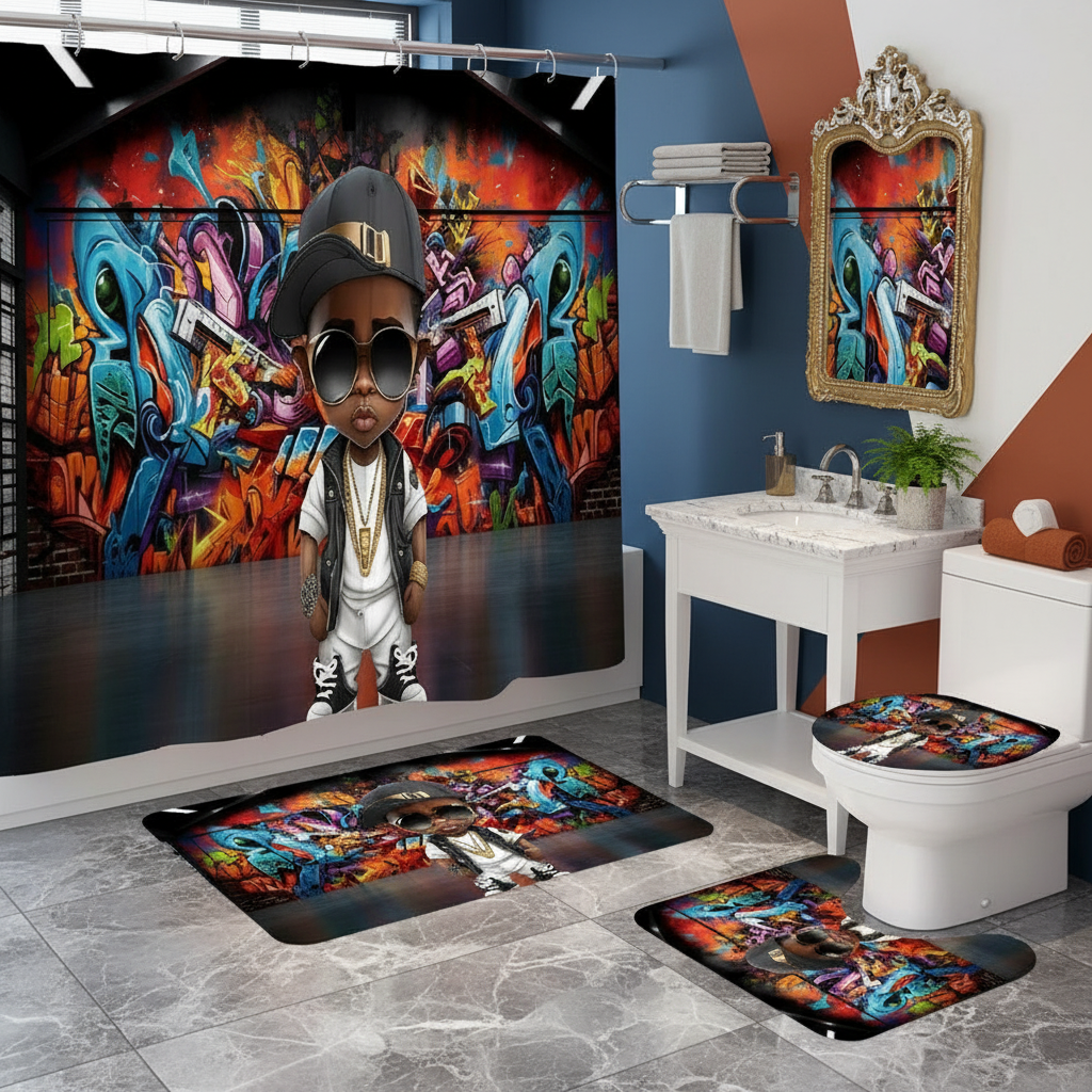 Copycat-Creations Graffiti Hip-Hop Prince 4pcs Shower Curtain Set