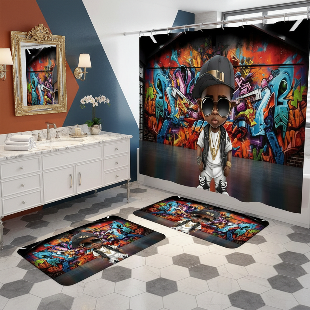 Copycat-Creations Graffiti Hip-Hop Prince 4pcs Shower Curtain Set