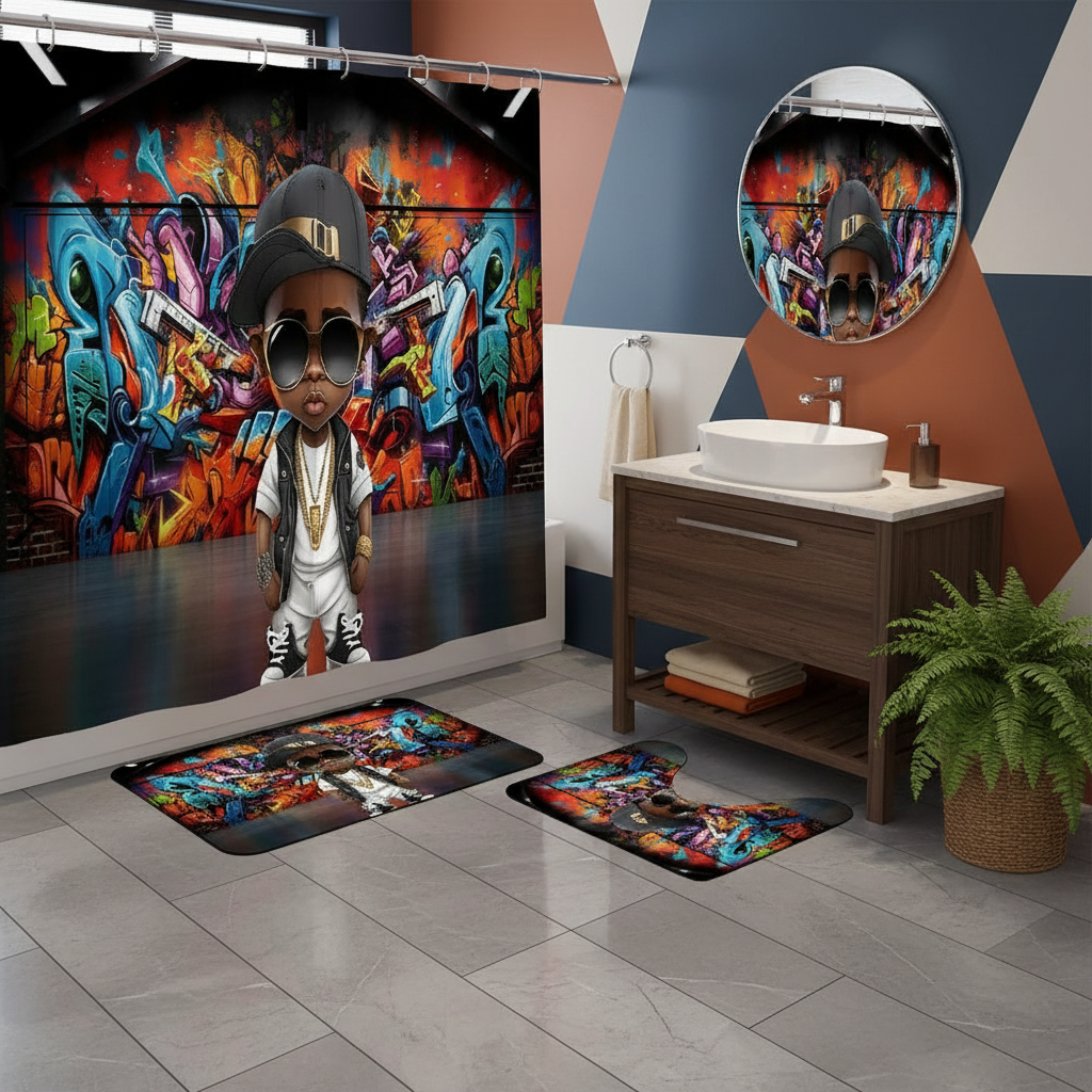 Copycat-Creations Graffiti Hip-Hop Prince 4pcs Shower Curtain Set