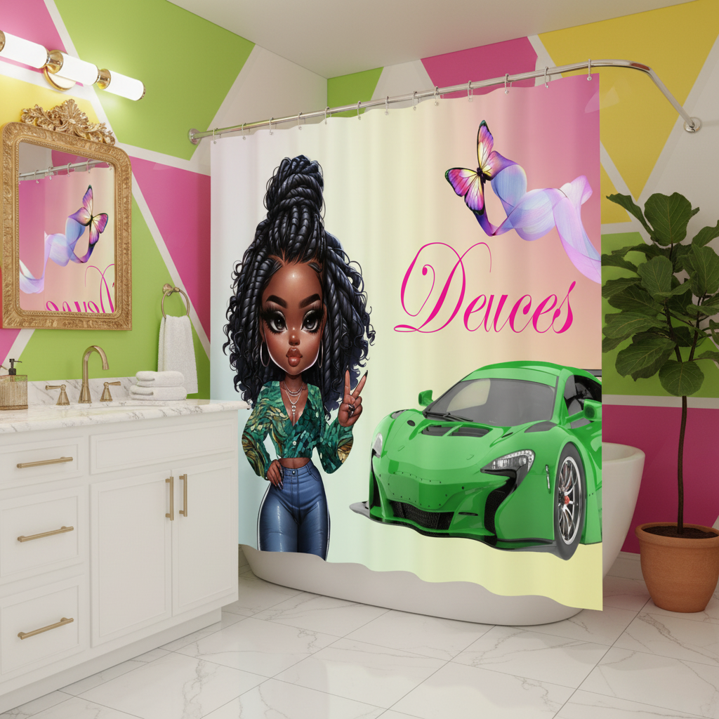 Copycat-Creations Princess, Sports Car, Butterfly Ribbon and “Deuces” Sign 2pcs Shower Curtain Set
