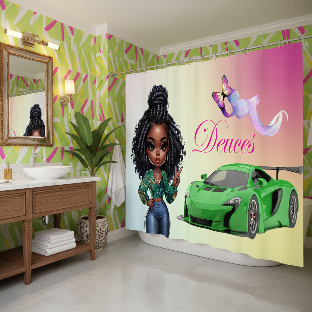 Copycat-Creations Princess, Sports Car, Butterfly Ribbon and “Deuces” Sign 2pcs Shower Curtain Set