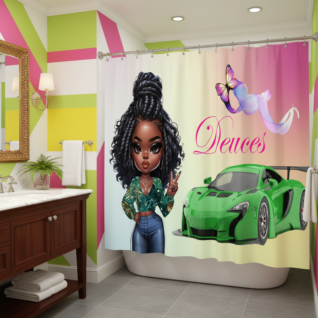 Copycat-Creations Princess, Sports Car, Butterfly Ribbon and “Deuces” Sign 2pcs Shower Curtain Set