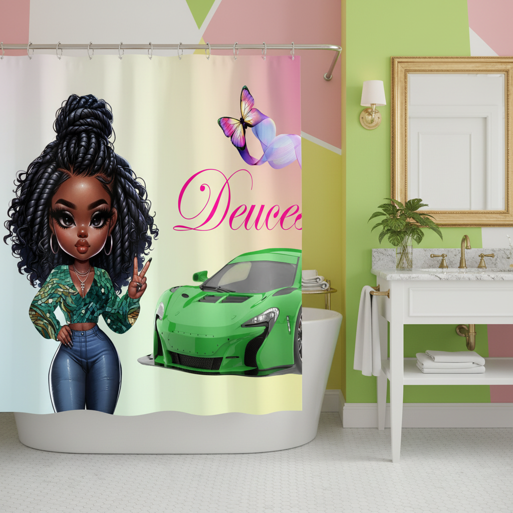 Copycat-Creations Princess, Sports Car, Butterfly Ribbon and “Deuces” Sign 2pcs Shower Curtain Set