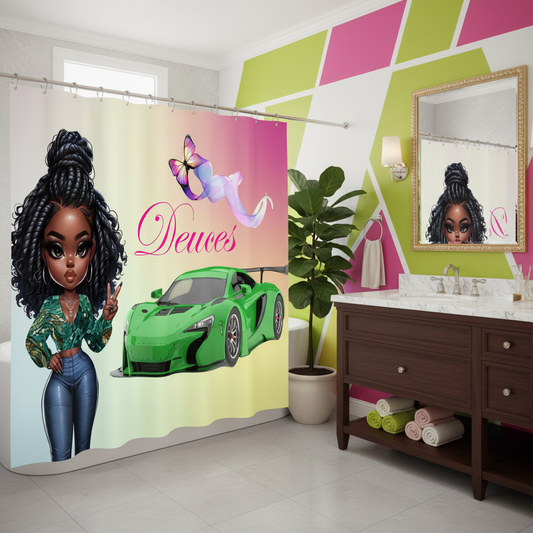 Copycat-Creations Princess, Sports Car, Butterfly Ribbon and “Deuces” Sign 2pcs Shower Curtain Set