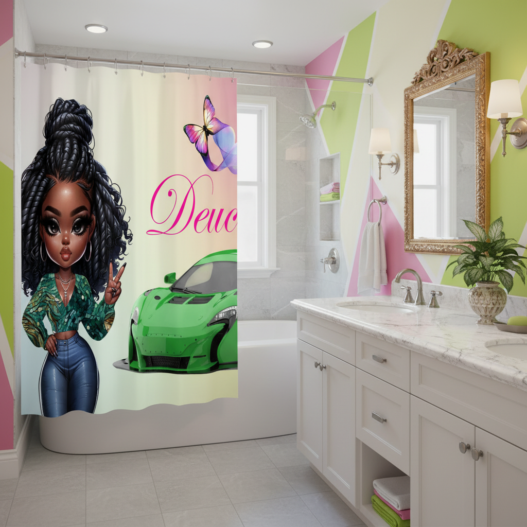 Copycat-Creations Princess, Sports Car, Butterfly Ribbon and “Deuces” Sign 2pcs Shower Curtain Set