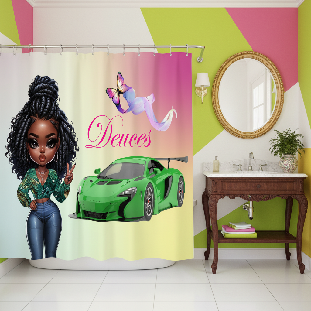 Copycat-Creations Princess, Sports Car, Butterfly Ribbon and “Deuces” Sign 2pcs Shower Curtain Set
