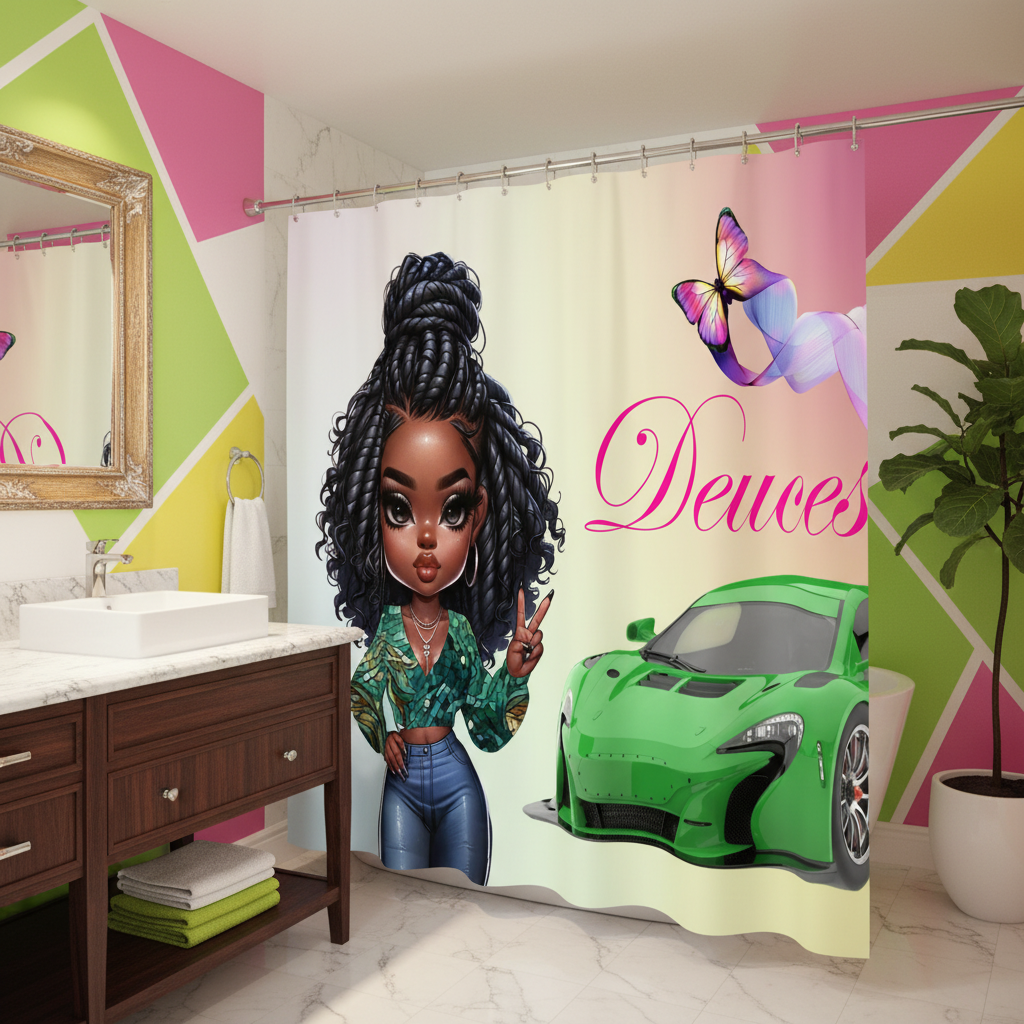 Copycat-Creations Princess, Sports Car, Butterfly Ribbon and “Deuces” Sign 2pcs Shower Curtain Set