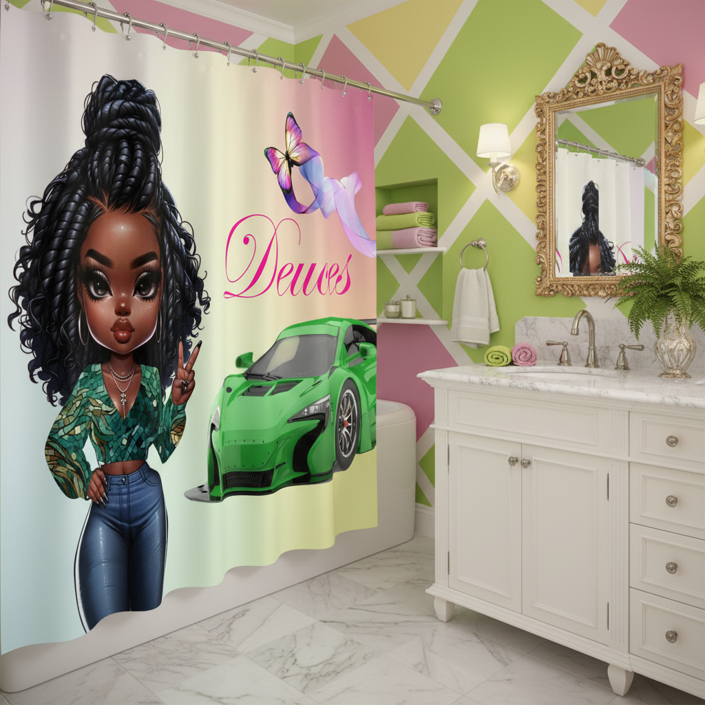 Copycat-Creations Princess, Sports Car, Butterfly Ribbon and “Deuces” Sign 2pcs Shower Curtain Set
