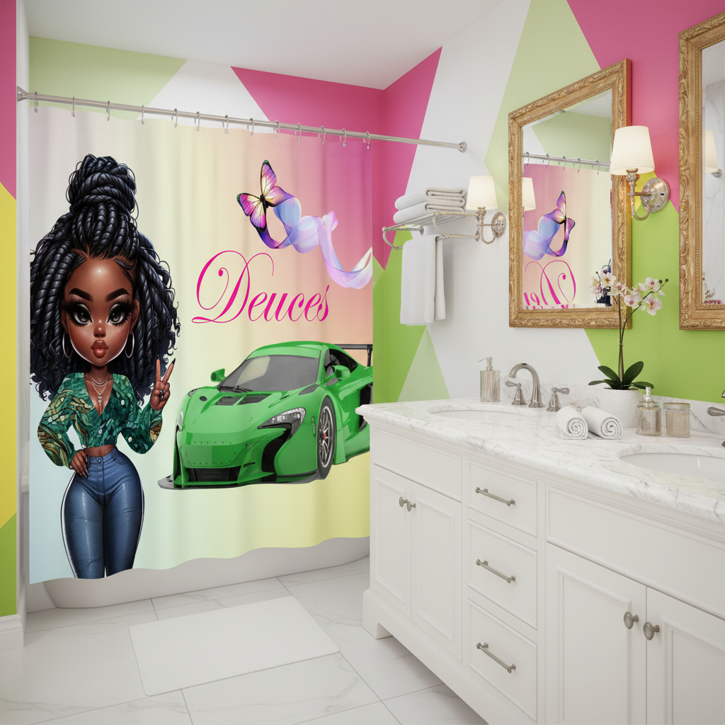 Copycat-Creations Princess, Sports Car, Butterfly Ribbon and “Deuces” Sign 2pcs Shower Curtain Set