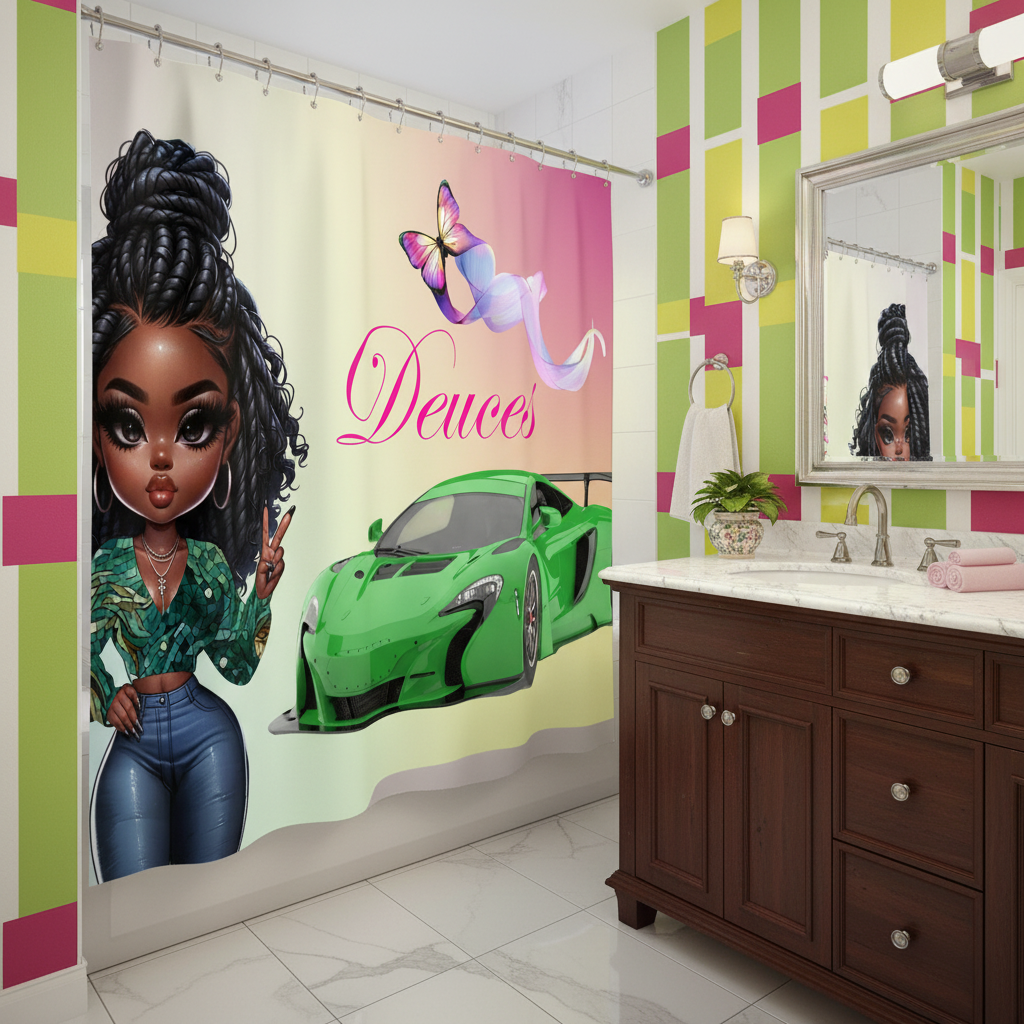 Copycat-Creations Princess, Sports Car, Butterfly Ribbon and “Deuces” Sign 2pcs Shower Curtain Set
