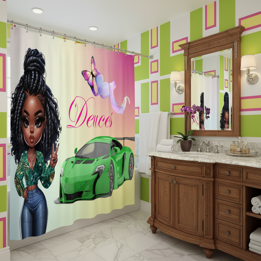 Copycat-Creations Princess, Sports Car, Butterfly Ribbon and “Deuces” Sign 2pcs Shower Curtain Set