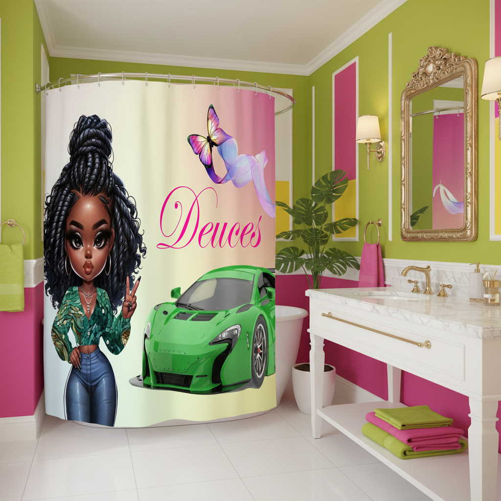 Copycat-Creations Princess, Sports Car, Butterfly Ribbon and “Deuces” Sign 2pcs Shower Curtain Set