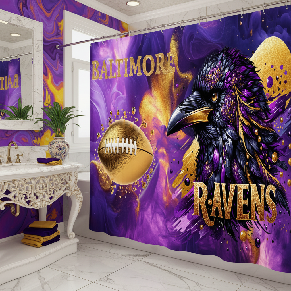 Copycat-Creations Baltimore 4pcs Football Shower Curtain Set