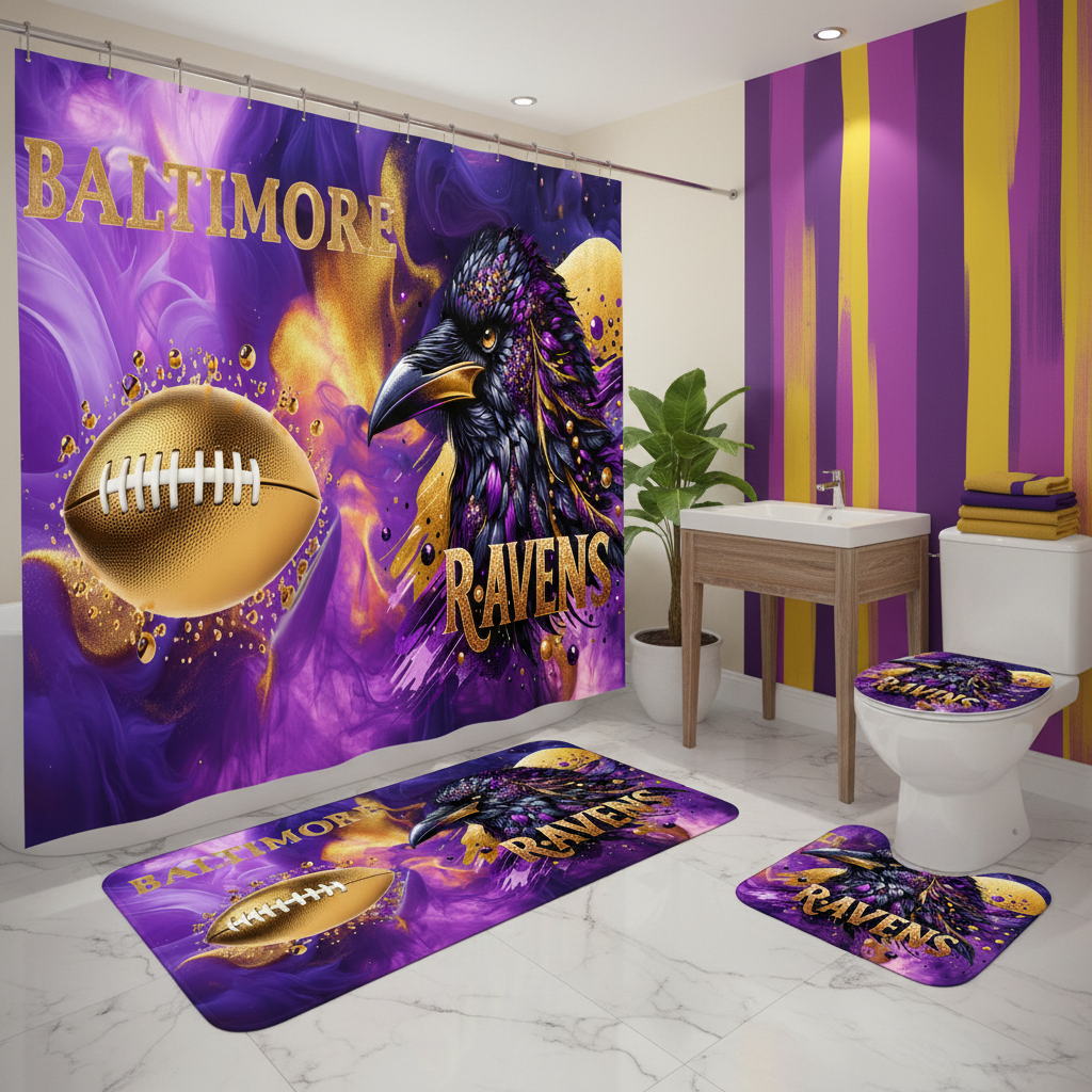 Copycat-Creations Baltimore 4pcs Football Shower Curtain Set