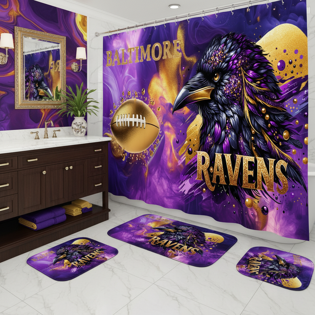 Copycat-Creations Baltimore 4pcs Football Shower Curtain Set