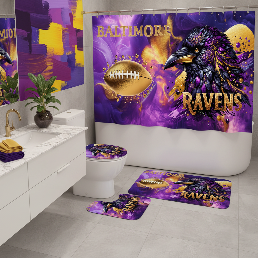 Copycat-Creations Baltimore 4pcs Football Shower Curtain Set