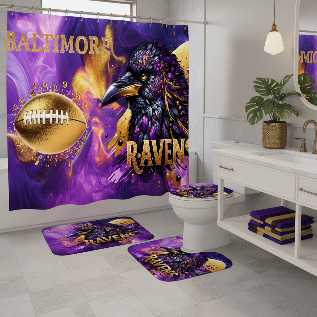 Copycat-Creations Baltimore 4pcs Football Shower Curtain Set