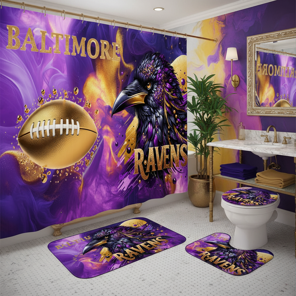 Copycat-Creations Baltimore 4pcs Football Shower Curtain Set