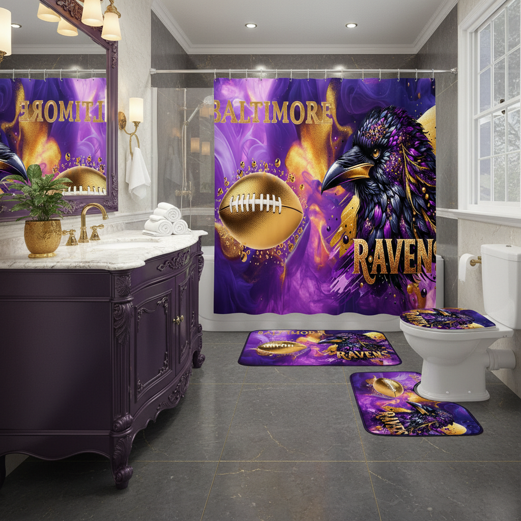 Copycat-Creations Baltimore 4pcs Football Shower Curtain Set