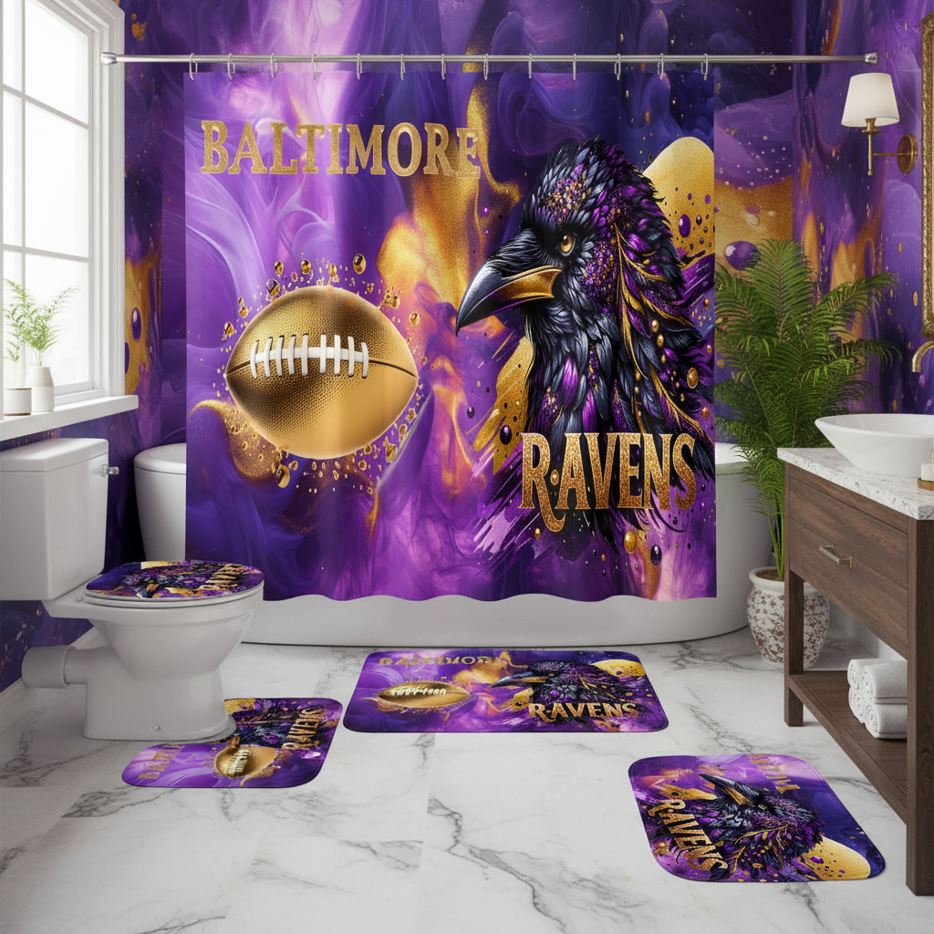 Copycat-Creations Baltimore 4pcs Football Shower Curtain Set