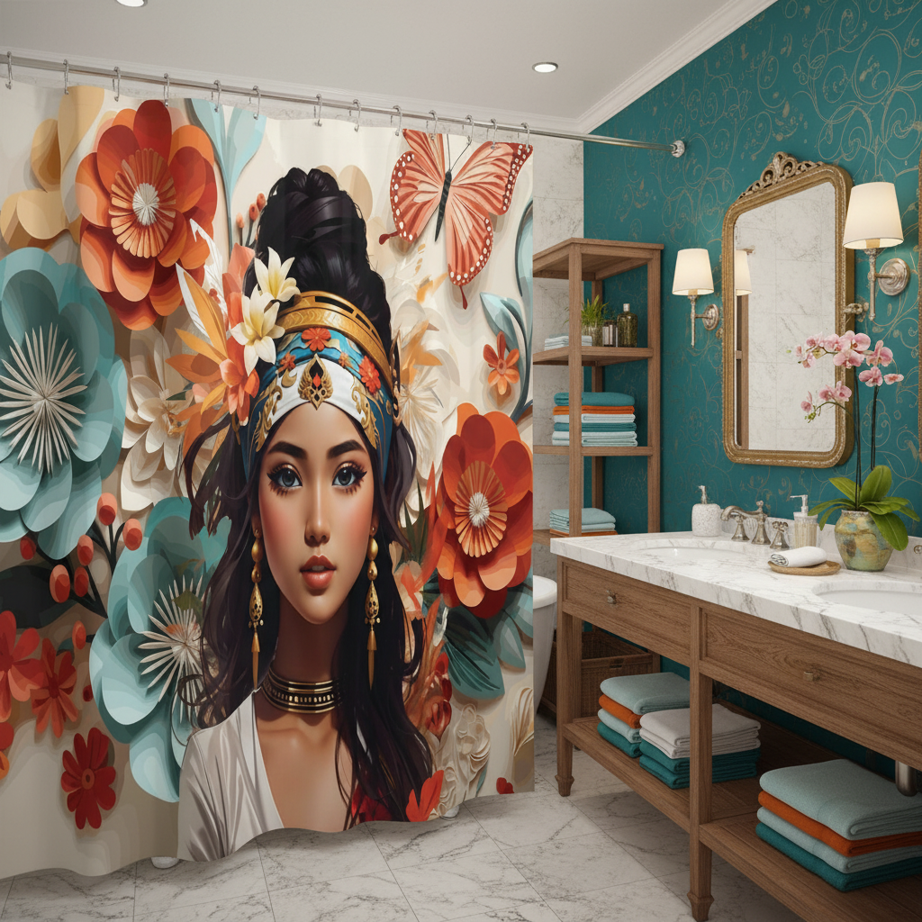 Copycat-Creations Floral Balinese Goddess 4pcs Shower Curtain Set