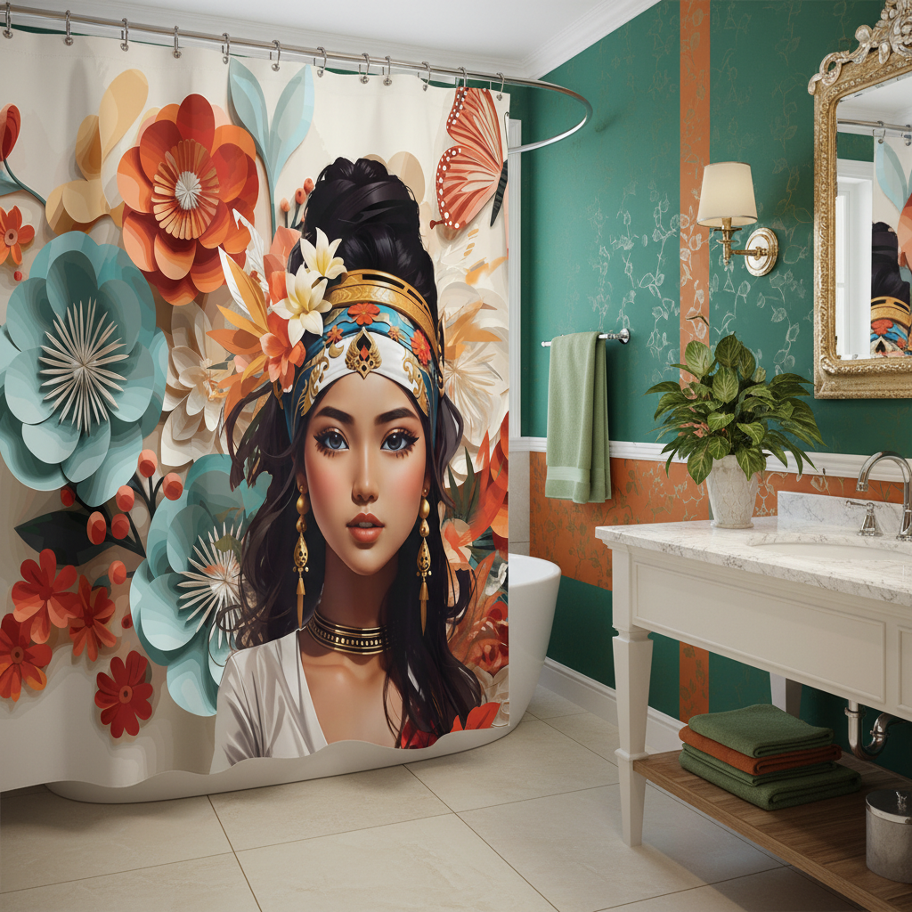 Copycat-Creations Floral Balinese Goddess 4pcs Shower Curtain Set