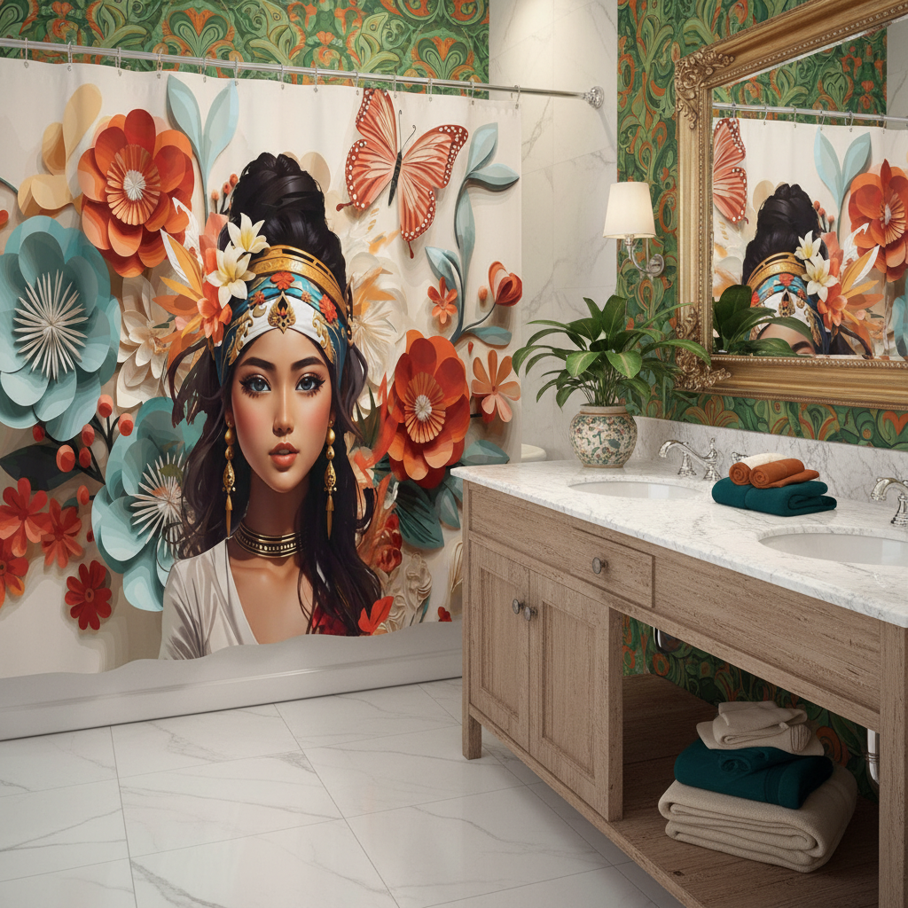 Copycat-Creations Floral Balinese Goddess 4pcs Shower Curtain Set