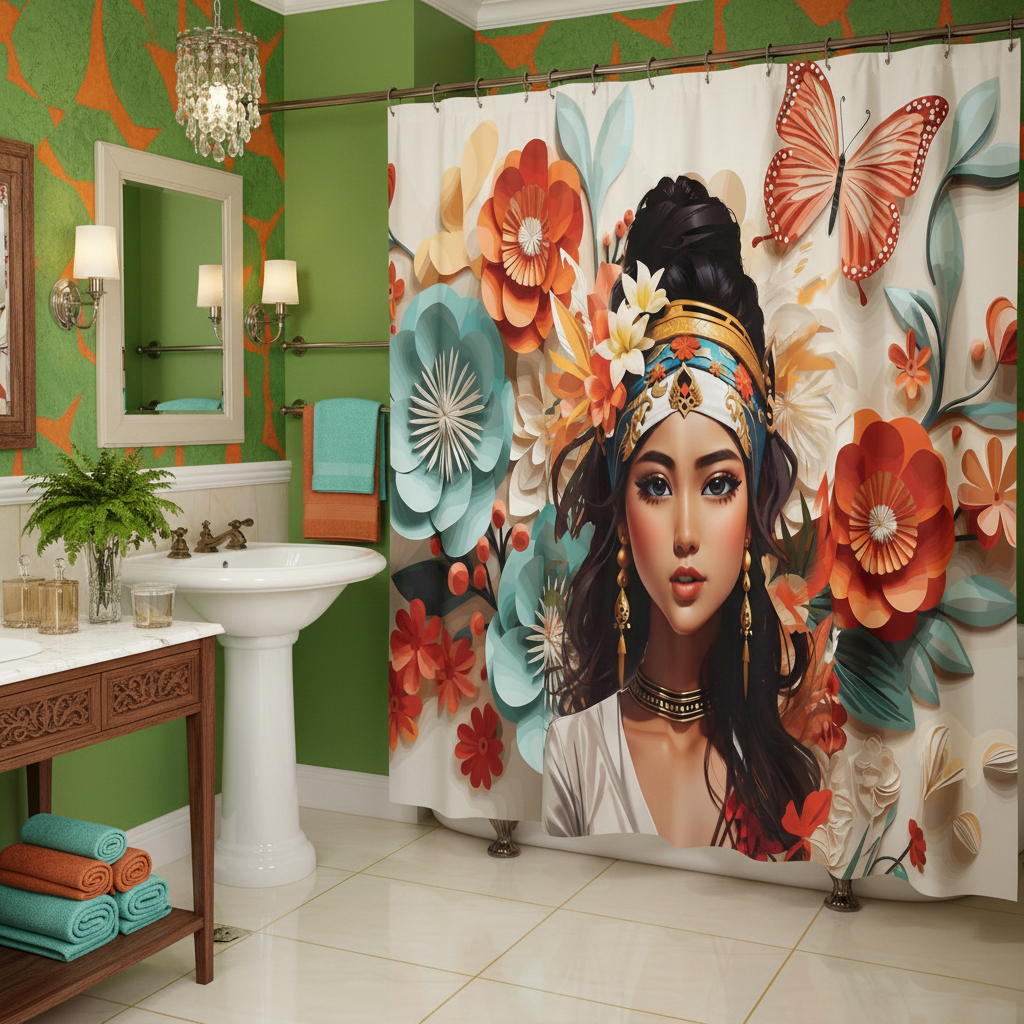 Copycat-Creations Floral Balinese Goddess 4pcs Shower Curtain Set
