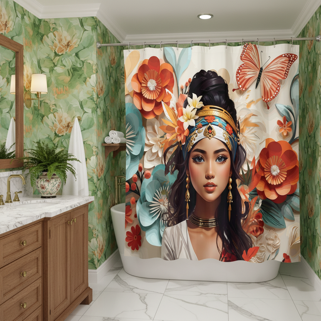 Copycat-Creations Floral Balinese Goddess 4pcs Shower Curtain Set
